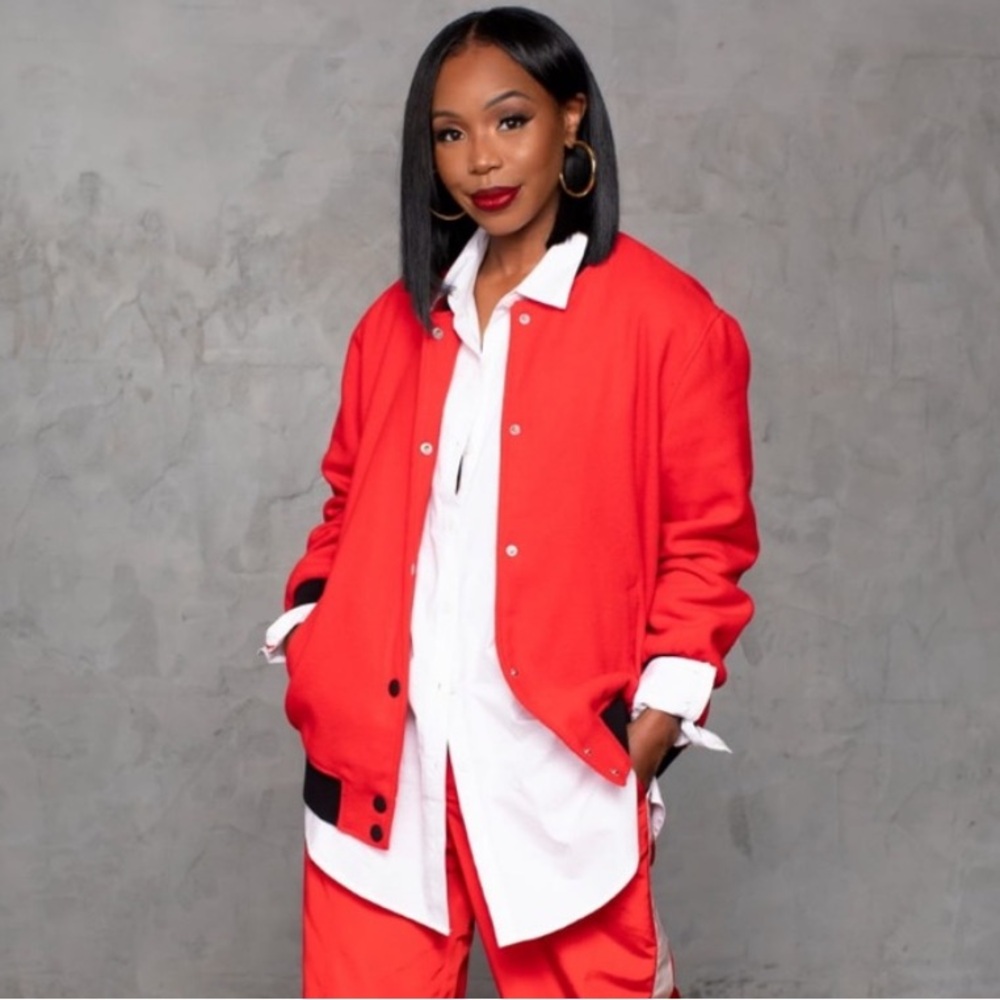 Kahlana Barfield Brown Bomber Jacket Red The Future Collective XXS Target NWOT